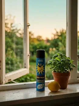 Insetticida Dafne sulla finestra della cucina al tramonto